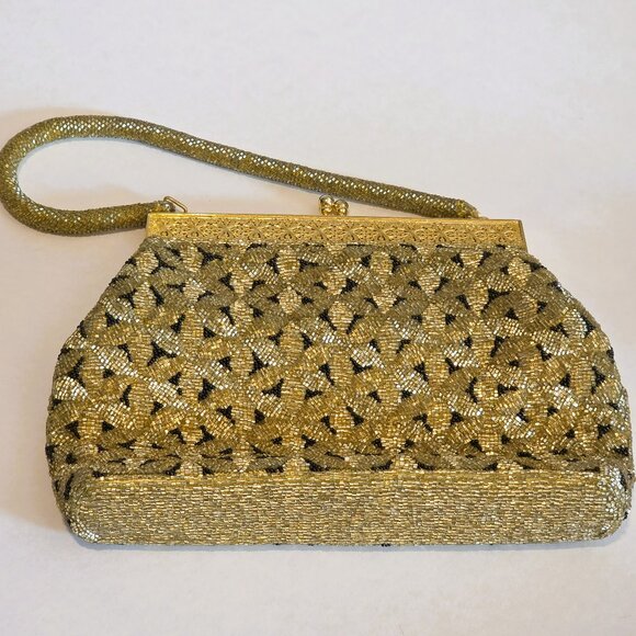 Vintage Hand Beaded Gold and Black Evening Retro Handbag with Handles - 1930s - Picture 2 of 7